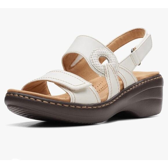 Clarks Women Merliah Opal White Leather Cuir Noir Sandals, Size 11 - Picture 1 of 11